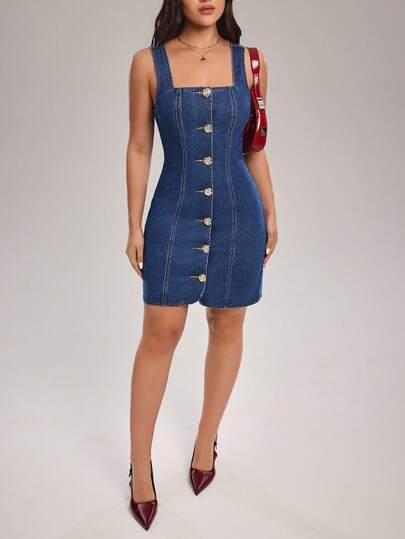 SHEIN Tall Abito di jeans aderente da donna con scollo quadrato, monopetto, senza maniche e con motivo floreale