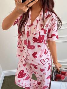 SHEIN Napfluff Bubble Printed Heart Pattern Lapel Short Sleeve & Pants Women Pajama Set, Pink - Pink - View 5