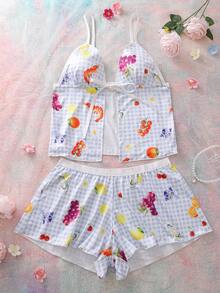 两件套格子水果缎面吊带背心，田园浪漫可爱女士睡衣套装 - 藍色 - 查看 6