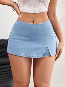 SHEIN EZwear Women's Side Slit Hem Fashionable Versatile Denim Skirt Pants - Blue - View 1