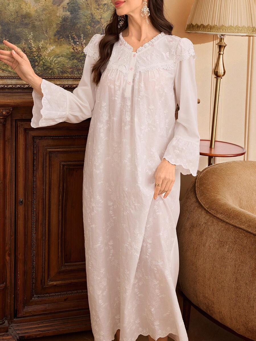 SHEIN Áo ngủ maxi dài tay màu trắng thêu ren kiểu cung đình - trắng - Xem 1
