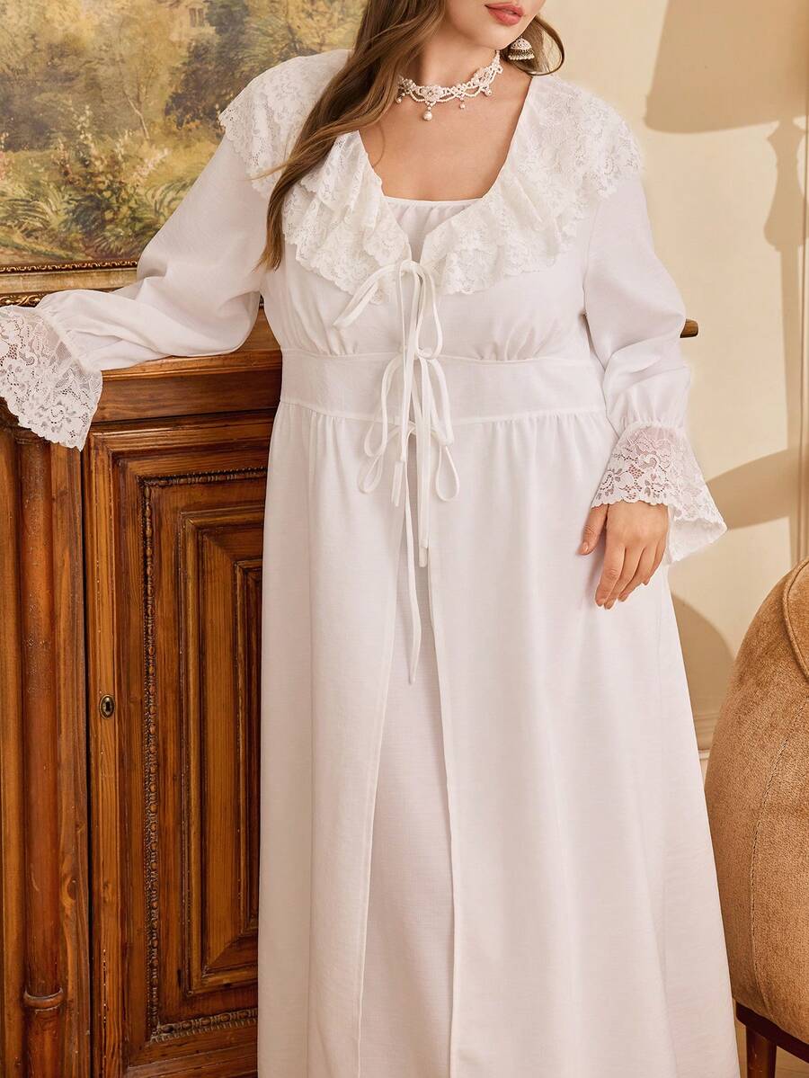 SHEIN Palace Style Double-Layer Lace Trim Collar Cinched Waist Long Sleeve Robe + Camisole Plus Size Pajama Set - White - View 1