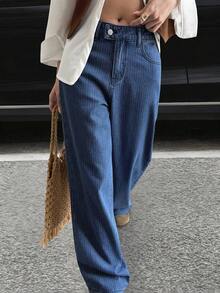 Livesso Women's Striped Jacquard Loose Casual Jeans With Street Style - Blue - View 1