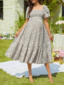 SHEIN Maternity Dress With Printed Square Collar And Ruffle Sleeves - Apricot - View 5