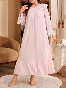 SHEIN 宫廷风女士宽松长袖粉色睡裙，撞色刺绣滚边V领睡衣连衣裙 - 淺粉色 - 查看 5