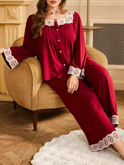 PalaceNights Plus Size Women's Vintage Red Pajama Set, Floral Embroidered Collar Long Sleeve Top And Pants 2-Piece