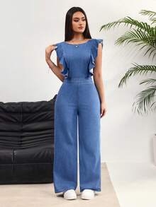 Rivivi Women's Round Neck Patchwork Ruffle Hem Fashionable Wide Leg Denim Jumpsuit - Blue - View 4