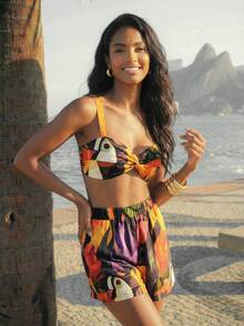 CAJUNI Women's Casual Vacation Tropical Parrot, Turtle Leaf Print 2 Pieces Set, Suitable For Vacation, Beach Outfit, Summer Two Piece Set Vacation - Multicolor - View 6