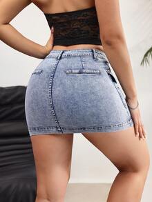 Rivivi Women's Cargo Pocket Bodycon Denim Mini Skirt - Blue - View 2