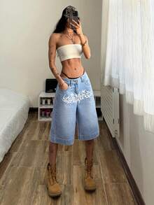 StreetHx Women's Gothic Pattern Pocket Loose Casual Bermuda Denim Shorts - Blue - View 1