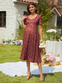 SHEIN Vestido de verano elegante con cuello en V, manga corta, corte evasé y decoración de botones con estampado floral - Burdeos - Ver 6