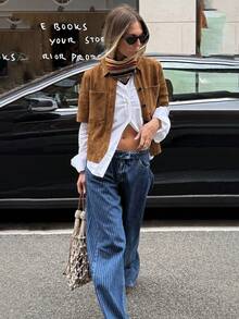 Dazy Tall Quần jeans nữ ống đứng dáng rộng kẻ sọc, kiểu dáng thường ngày. - Rửa trung bình - Xem 5