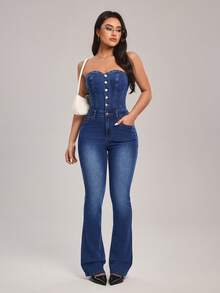 SHEIN Tall Women's Button Front Pocket Jumpsuit, Fashion Strapless Flared Denim Pants - Blue - View 5