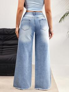 SHEIN EZwear 女士口袋破洞阔腿宽松休闲牛仔裤 - 藍色 - 查看 2