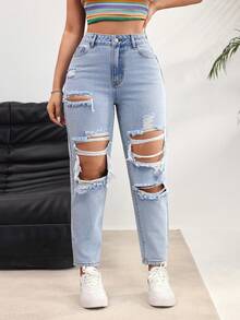 Rivivi Women's High Waist Pocket Distressed Tapered Casual Jeans - Light Wash - View 1