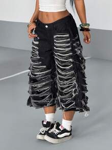 StreetHx Women's Pocket Distressed Frayed Hem Wide Leg Loose Casual 7/8 Length Jeans - Black - View 5