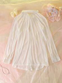 Boyfriend Style Shirt, Rhinestone Shoulder Straps, Shiny, Cold-Shoulder, Romantic, Comfortable, Minimalist, Loose, Pure Style, Cold-Shoulder, Women's Nightgown - White - View 7