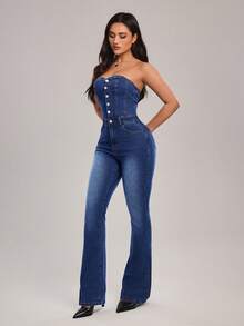 SHEIN Tall Women's Button Front Pocket Jumpsuit, Fashion Strapless Flared Denim Pants - Blue - View 7