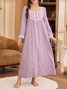 PalaceNights Palace Style Square Collar Lace Detail Soft Embroidered Long Nightgown - Mauve Purple - View 4