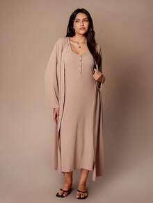 Lazeform 2pcs/Set Solid Ribbed Knit Long Sleeve Robe + Sleeveless Open Front Robe, Plus Size Outerwear - Coral Pink - View 5