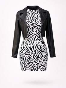 Vestido mini ajustado con estampado animal sexy para mujer, tejido semitransparente y muy elástico. - Blanco y Negro - Ver 2