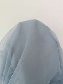 Feyla 女士仿珍珠装饰圆领短袖网纱下摆优雅连衣裙 - 藍色 - 查看 10