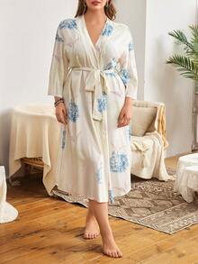 SHEIN 大码休闲印花七分袖中长睡袍 - 米色 - 查看 5