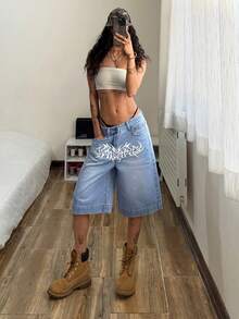 StreetHx Women's Gothic Pattern Pocket Loose Casual Bermuda Denim Shorts - Blue - View 4