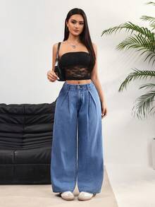 Rivivi Women's Pleated Wide Leg Loose Casual Versatile Jeans - Blue - View 6