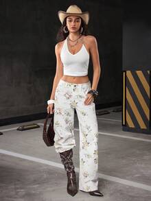 Jeanoix 女士印花口袋阔腿宽松休闲牛仔裤 - 白色 - 查看 5