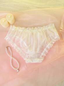 White Floral Lace Ruffle Trim Sheer Bowknot Cute Sweet Sexy Women Panties - White - View 7