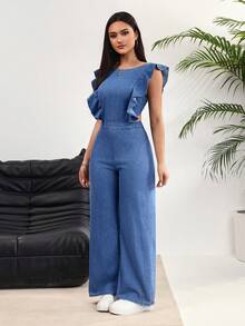 Rivivi Women's Round Neck Patchwork Ruffle Hem Fashionable Wide Leg Denim Jumpsuit - Blue - View 3