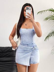 Rivivi 女士不对称下摆休闲牛仔连体裤 - 藍色 - 查看 7