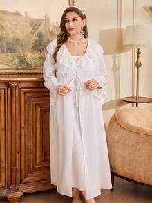 SHEIN Palace Style Double-Layer Lace Trim Collar Cinched Waist Long Sleeve Robe + Camisole Plus Size Pajama Set - White - View 5