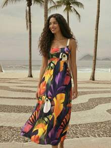 CAJUNI Vestido casual de vacaciones con estampado tropical de loro y hoja de monstera, adecuado para citas - Tropical - Multicolor - Ver 6