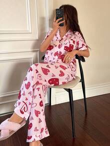 SHEIN Napfluff Bubble Printed Heart Pattern Lapel Short Sleeve & Pants Women Pajama Set, Pink - Pink - View 6