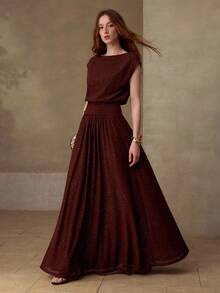 MOTF PREMIUM WOMEN'S SHINY ELASTIC KNIT TOP AND SKIRT 2 PIECES SET, SPRING/SUMMER - Coffee Brown - View 1