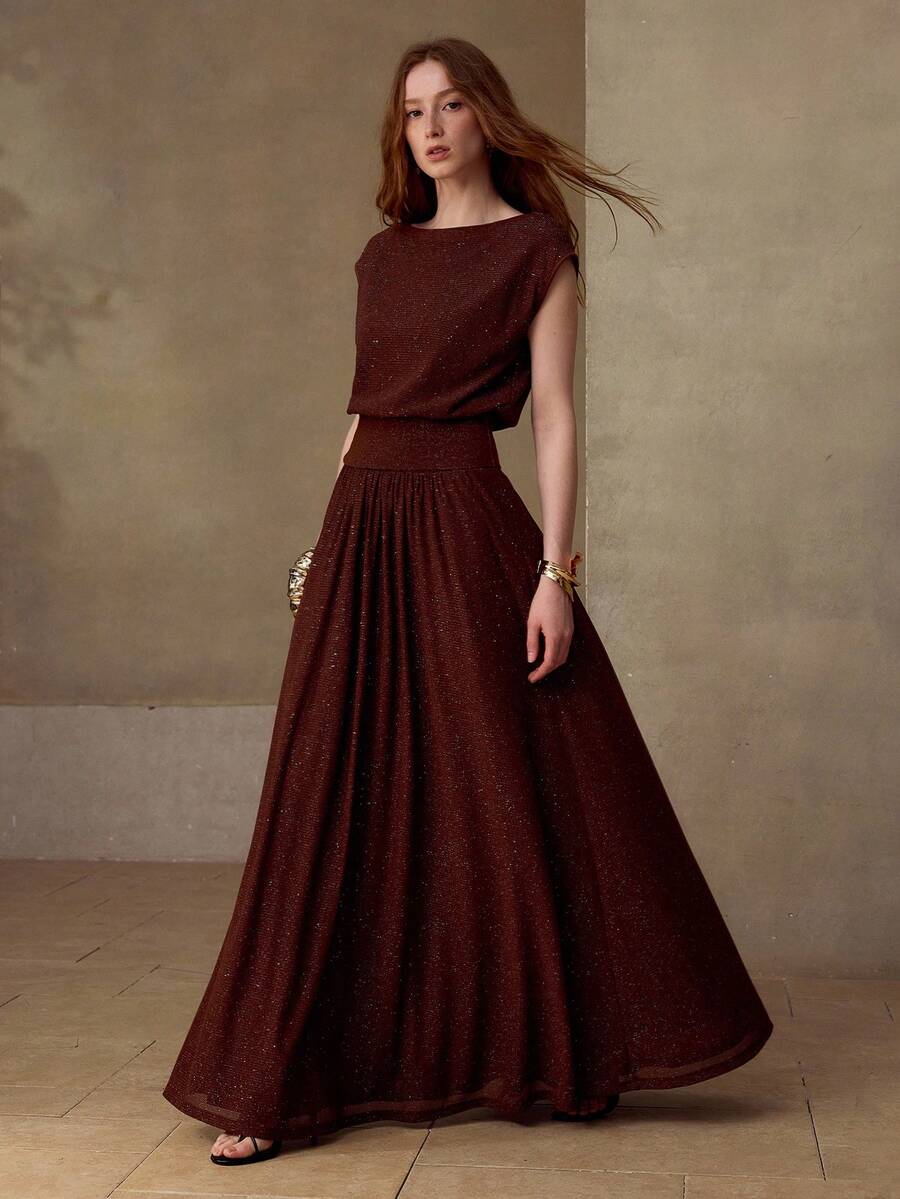 MOTF PREMIUM WOMEN'S SHINY ELASTIC KNIT TOP AND SKIRT 2 PIECES SET, SPRING/SUMMER - Coffee Brown - View 1