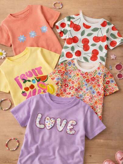 Conjunto de 5 playeras para niña de manga corta, informal de punto suave con estampado Flores. Conjunto de Cinco camisetas para niñas de de 3 a 7 años, en o estilo cute. Sensación tipo algodón, textura suave, fresca y cómoda.