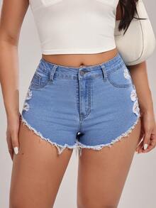 SHEIN Tall 女士高腰带口袋破洞毛边休闲牛仔短裤 - 藍色 - 查看 7
