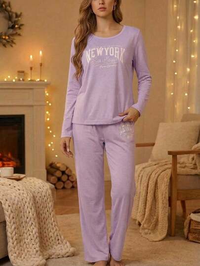 CONJUNTO NEW YORK DE PIJAMA DE MUJER CON ESTAMPADO DE LETRAS, MANGA LARGA HOLGADA Y PANTALONES. ROPA DE OTOÑO E INVIERNO COMODA Y ELEGANTE