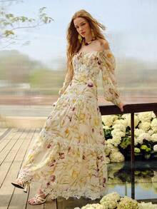 MOTF PREMIUM WOMEN'S ROMANTIC FLORAL LACE PATCHWORK A-LINE LONG DRESS, SPRING/SUMMER - Multicolor - View 7