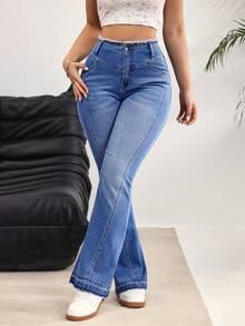 Rivivi 女士休闲毛边喇叭牛仔裤 - 藍色 - 查看 3