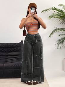 SHEIN EZwear 女士毛边斜插口袋休闲阔腿牛仔裤 - 黑色 - 查看 6