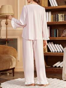 SHEIN Pale Pink Long Sleeve Women's Pajama Set, Featuring Delicate Ruffle Embroidery And Tassel Design, V-Neck Button Front, Loose Fit Homewear 2-Piece Set - Baby Pink - View 2