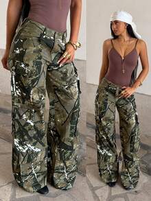 StreetHx Women's Branch Pattern Cargo Pocket Wide Leg Loose Casual Jeans - Multicolor - View 1