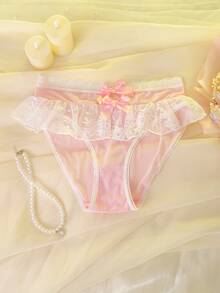 Quần lót nữ màu hồng lưới xếp ly ren thêu hoa cầu kỳ, nơ ren, mờ ảo, gợi cảm, dễ thương, lãng mạn, Kawaii, Lolita, thích hợp cho lễ hội âm nhạc, tiệc tùng. - Hồng - Xem 6