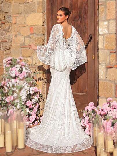 Glamrae Elegant White Elastic Embroidered Sequin Lace Deep V-Neck Shawl Sheer Long Sleeve Mermaid Maxi Train Dress, Suitable For All Wedding Events, Formal Occasions, Bridal Gown