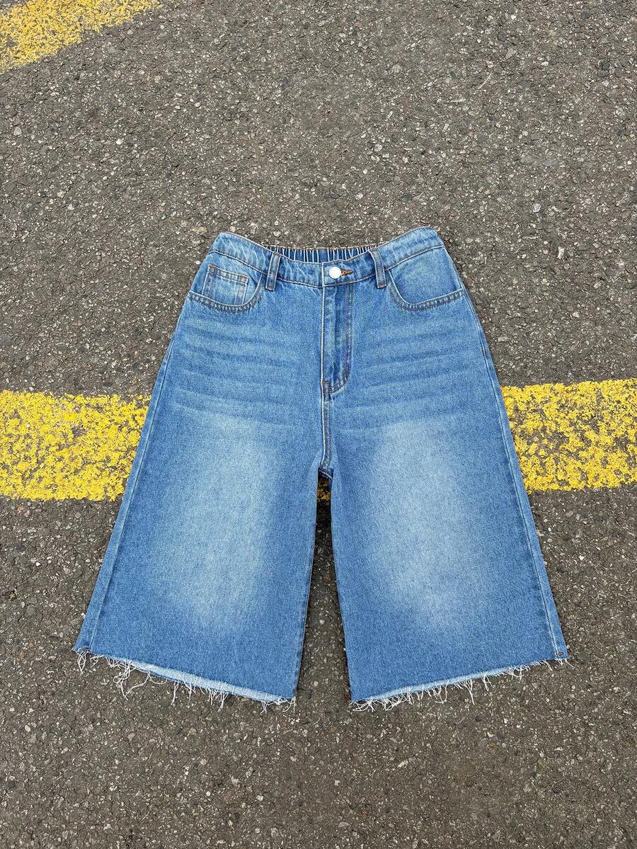 SHEIN Quần jean ống rộng lửng màu xanh denim thoải mái, mềm mại, phong cách thường ngày Y2K cổ điển, phù hợp cho mùa xuân hè, các lễ hội âm nhạc và thời trang đường phố. - Màu xanh lam - Xem 1