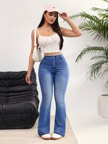 Rivivi 女士休闲毛边喇叭牛仔裤 - 藍色 - 查看 6